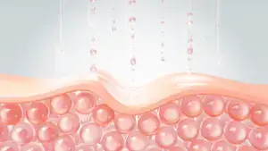 Digital illustration of a cross-section of skin tissue. The upper layer of the skin is depicted with a wavy contour, beneath which a layer of round, pink cells resembling the dermis is visible. Droplets of moisture are shown descending onto the skin's surface, suggesting hydration or skincare treatment.