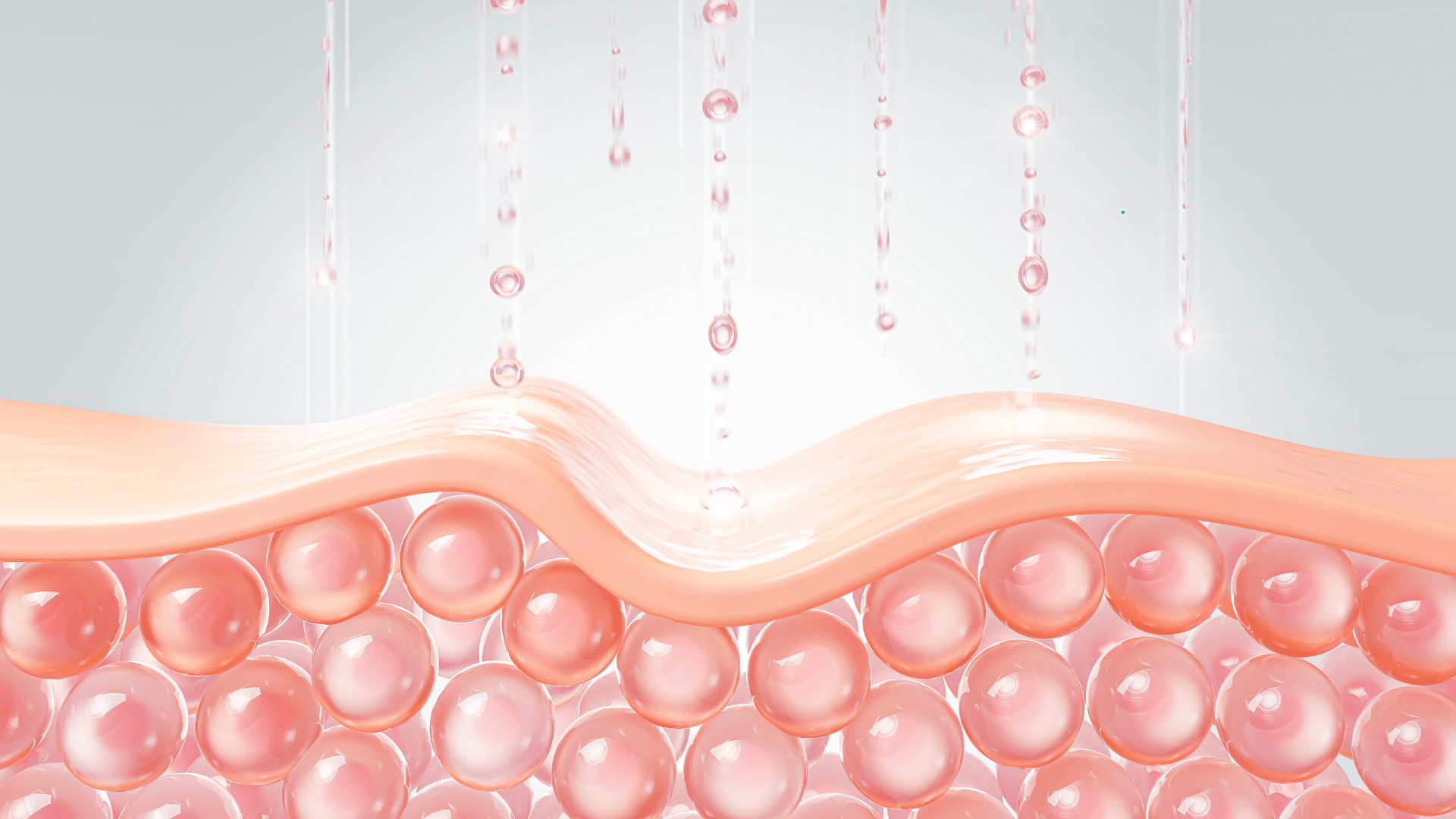 Digital illustration of a cross-section of skin tissue. The upper layer of the skin is depicted with a wavy contour, beneath which a layer of round, pink cells resembling the dermis is visible. Droplets of moisture are shown descending onto the skin's surface, suggesting hydration or skincare treatment.
