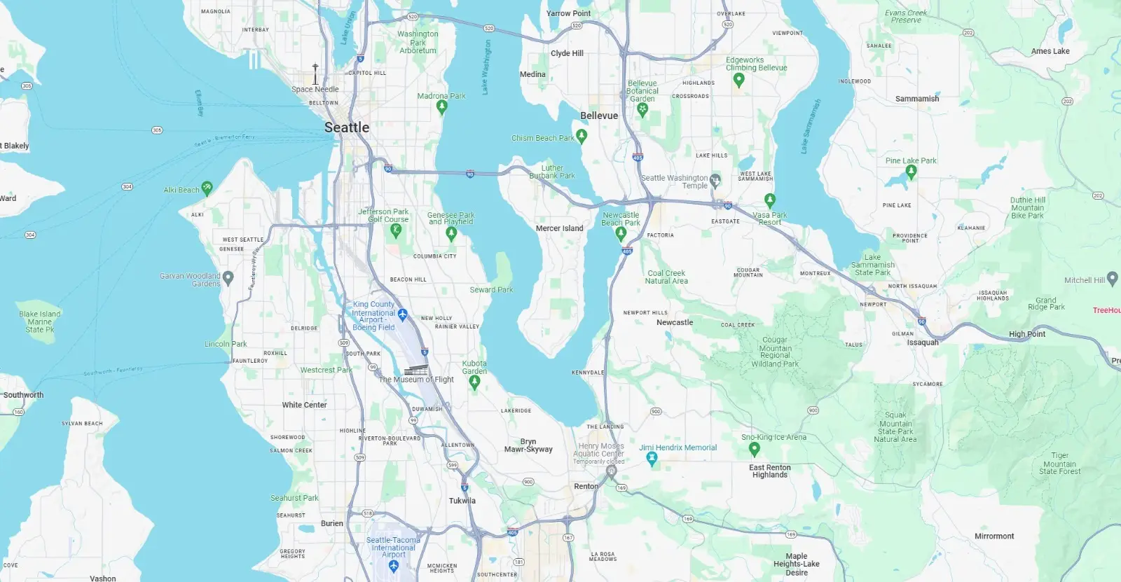 Map showing Seattle, Bellevue, Mercer Island, and surrounding neighborhoods and parks.