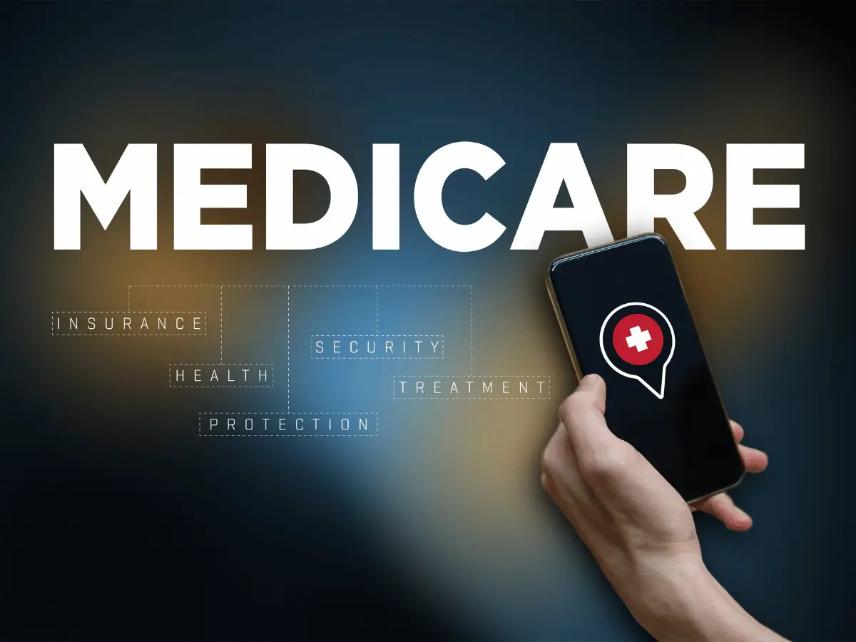 Hand holding smartphone with medical cross icon under large “Medicare” text