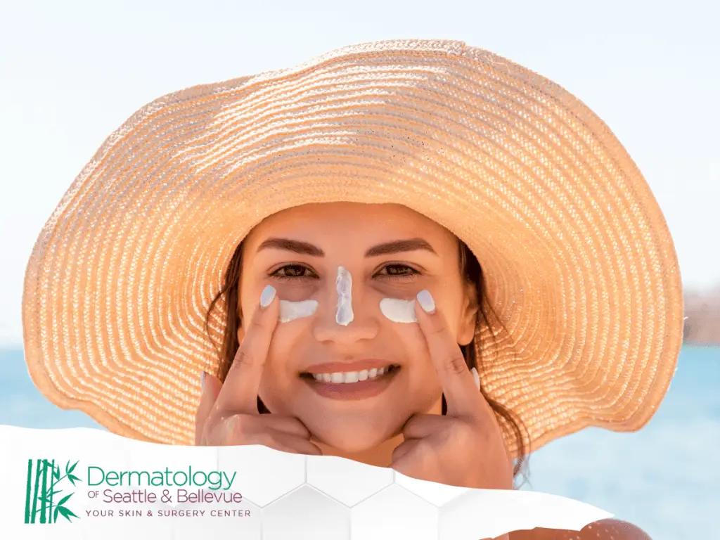 A photo of a happy girl applying sunscreen