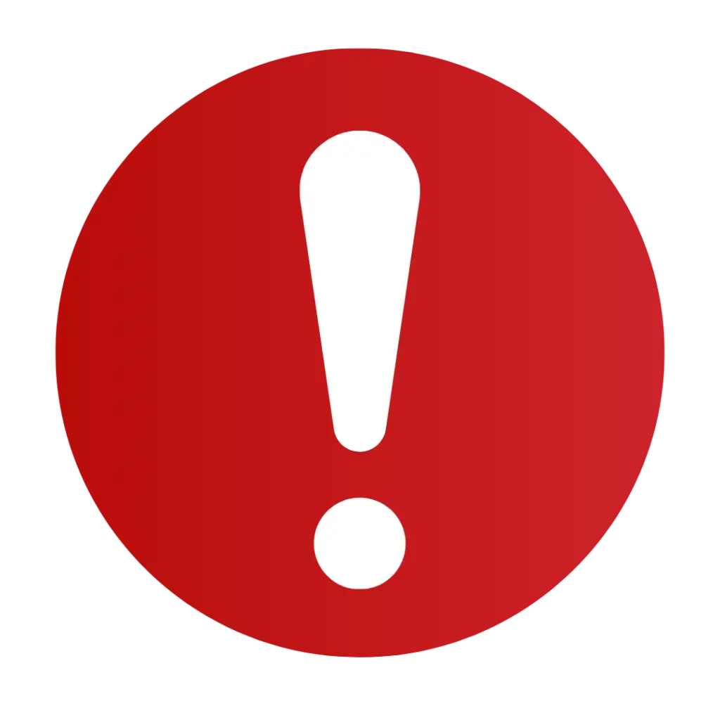 Red circle icon with a large white exclamation mark.