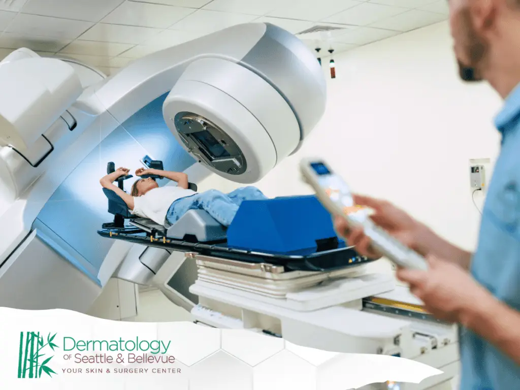 A patient undergoing skin cancer treatment using advanced radiation therapy equipment.