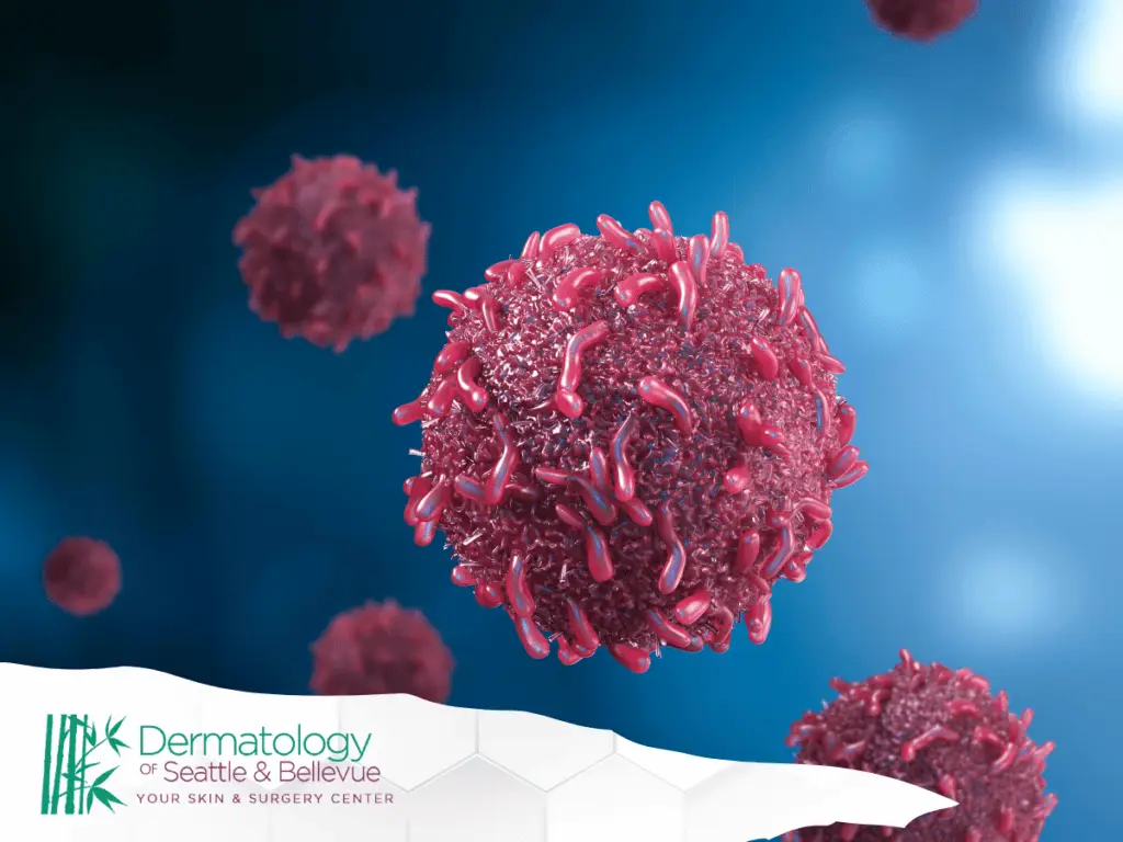 Close-up illustration of textured pink cells floating in blue background.