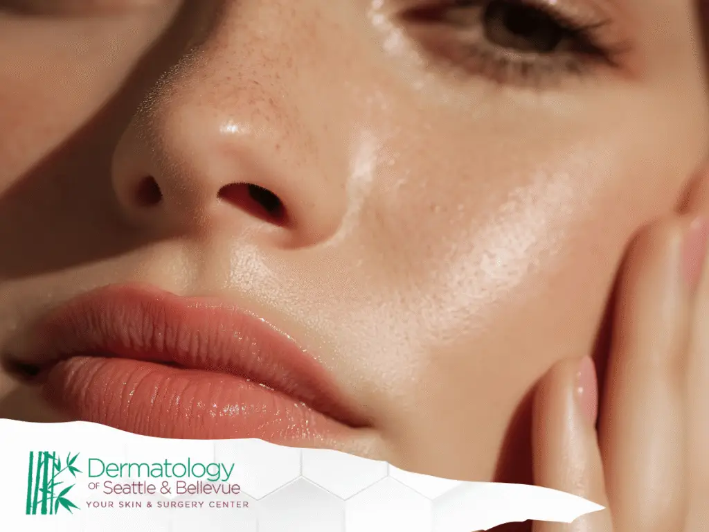 Close-up of a person’s nose, lips, and cheek with smooth skin.