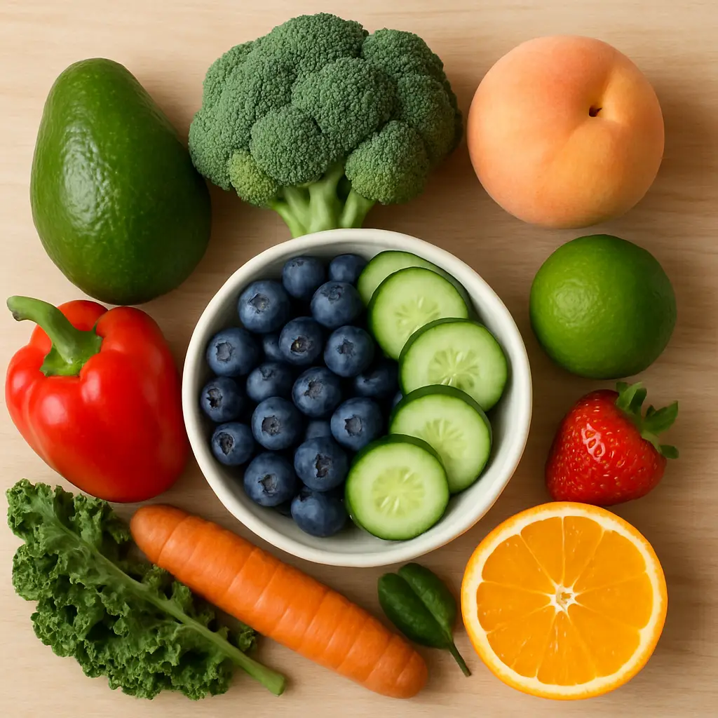 Assorted colorful fruits and vegetables arranged around a bowl of blueberries.