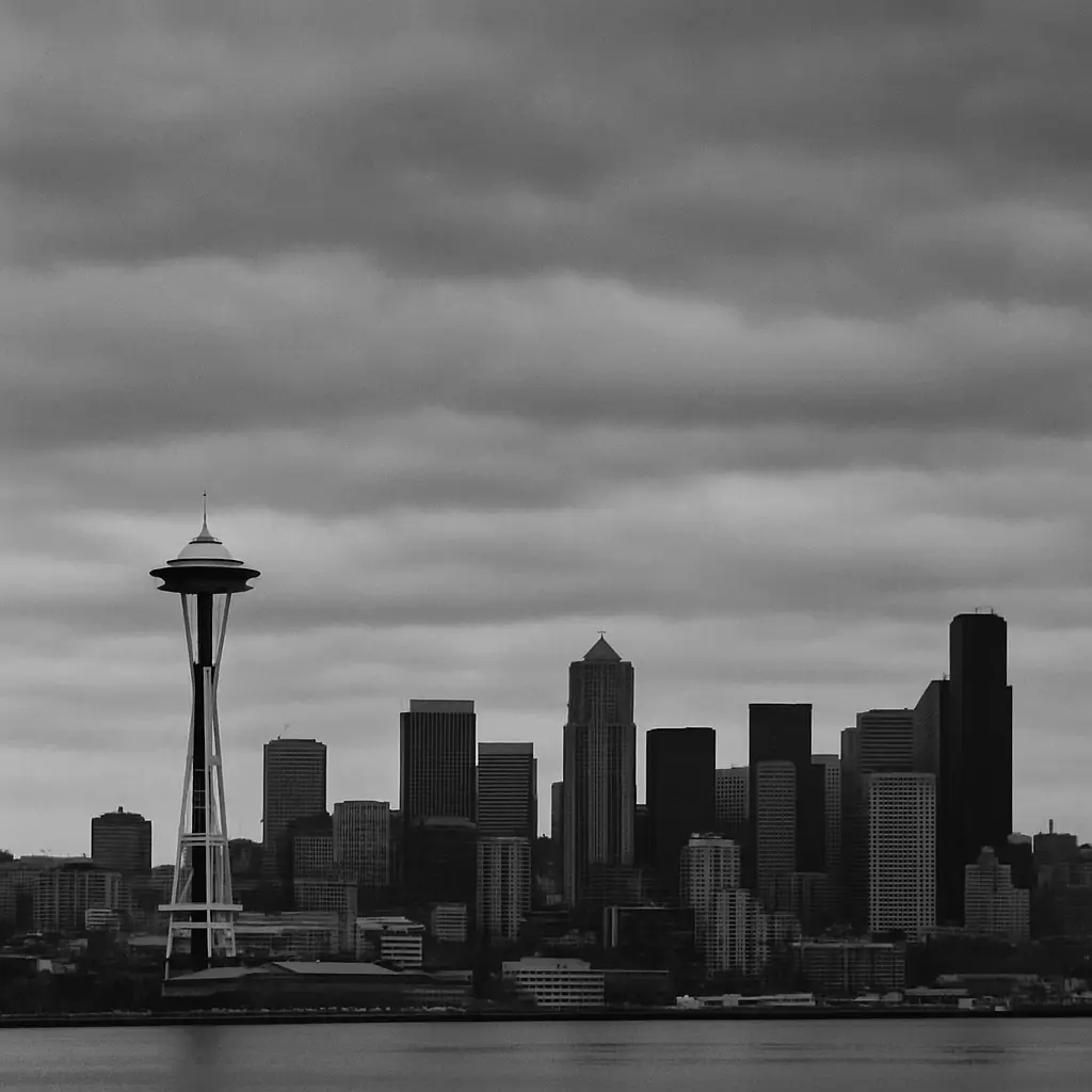 Black‑and‑white skyline with Space Needle under thick cloudy sky.