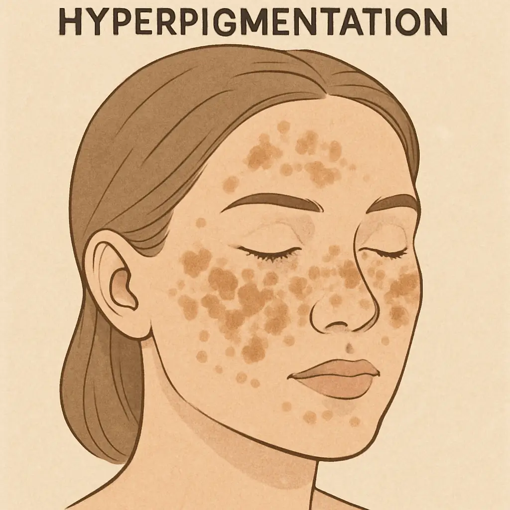 Illustration of woman’s face with brown hyperpigmentation spots labeled.