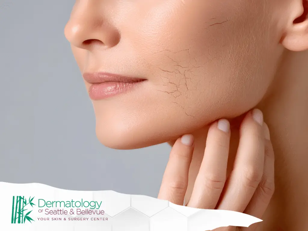 Close-up of woman’s cheek with visible dry, cracked skin.