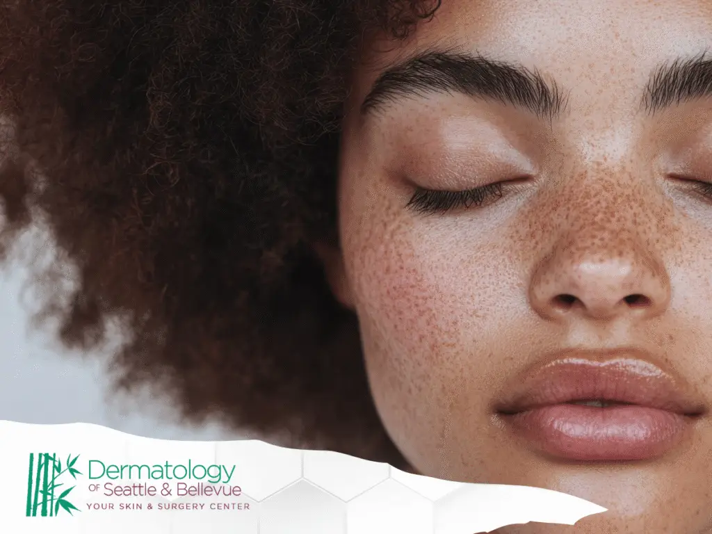 Close-up of freckled woman with closed eyes and glossy lips.
