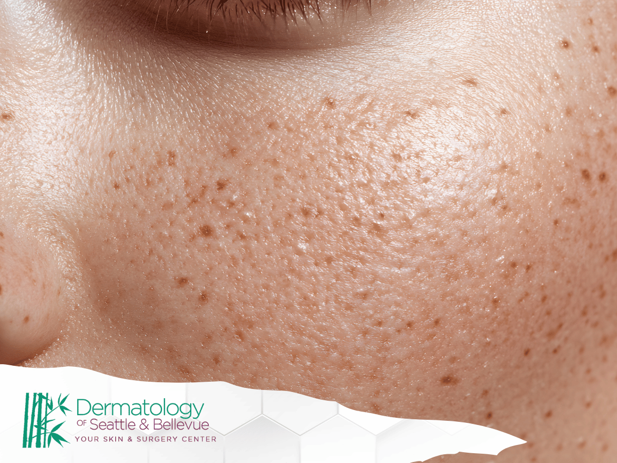 Close-up of skin showing both freckles and darker spots near the eye.