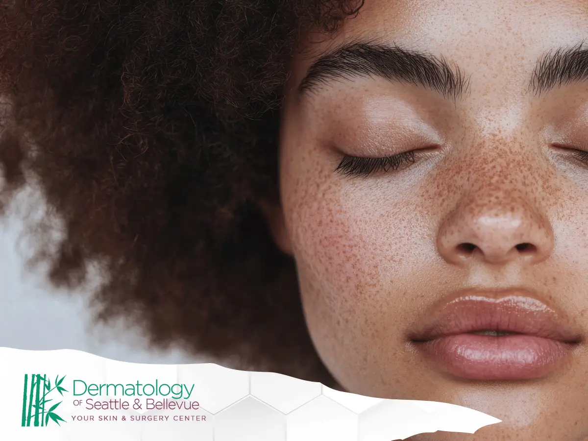 Close-up of freckled woman with closed eyes and glossy lips.