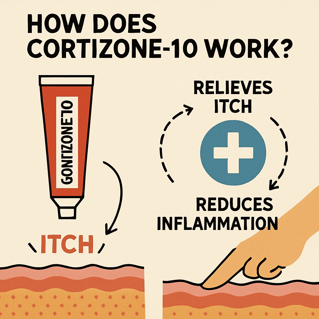Cortizone-10 cream tube with text illustrating itch relief and inflammation reduction.