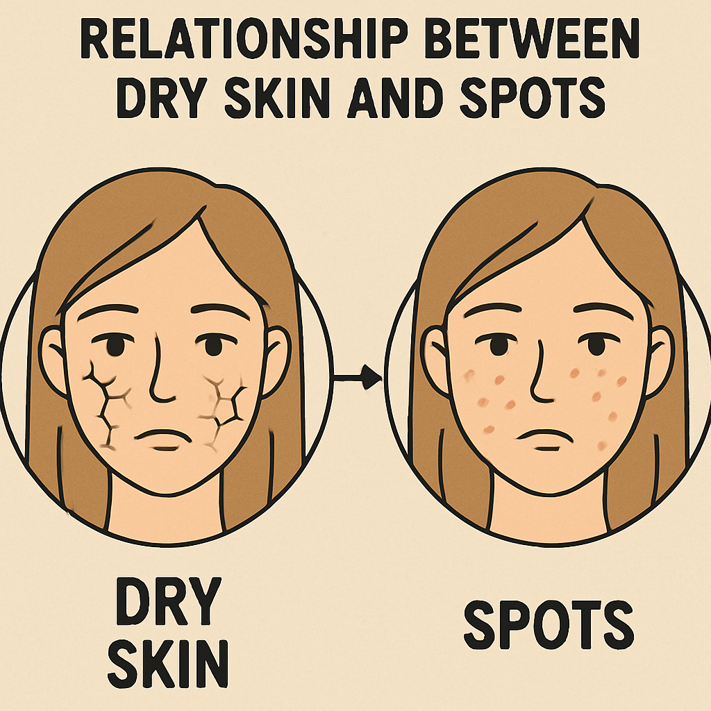 Illustration showing a woman with dry skin on the left and spots on the right, with arrows indicating the relationship.