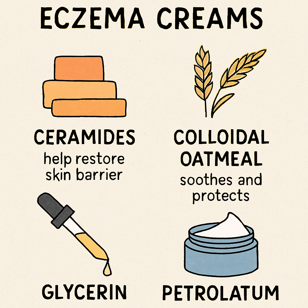 Eczema creams with ceramides, colloidal oatmeal, glycerin, and petrolatum.