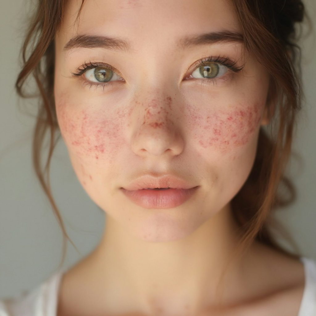 Young woman with freckles and redness on cheeks, natural makeup, and clear skin.