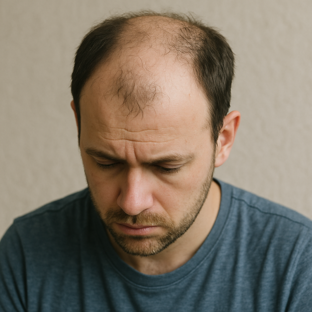 Man with a serious expression, looking down, showing thinning hair on top.