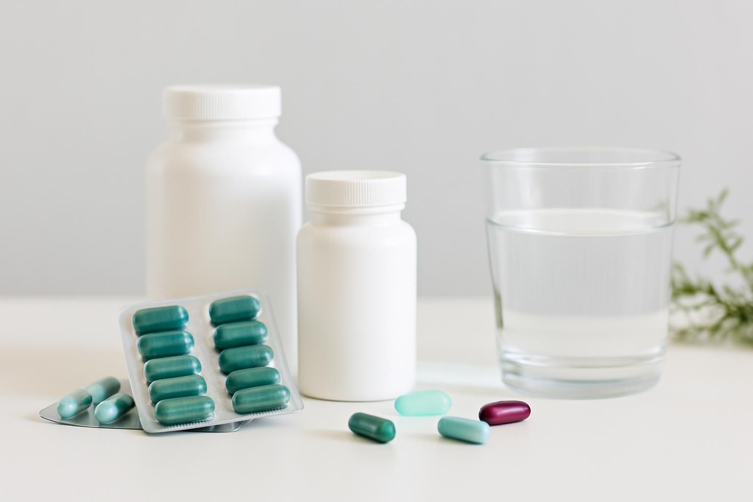 Two white pill bottles, a glass of water, and assorted capsules on a table.