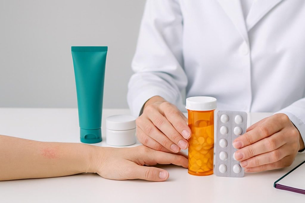 Doctor holding an orange prescription bottle and a blister pack of white tablets, with a hand showing skin irritation.