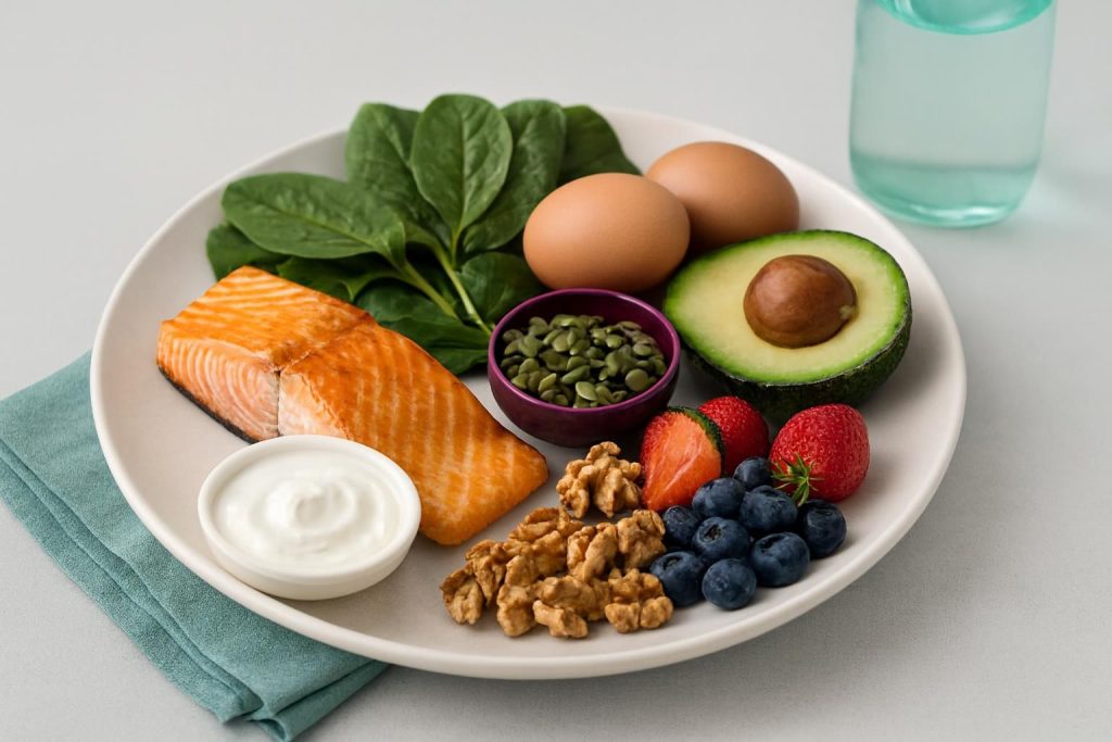 Plate with salmon, spinach, eggs, avocado, yogurt, strawberries, blueberries, walnuts, and pumpkin seeds.
