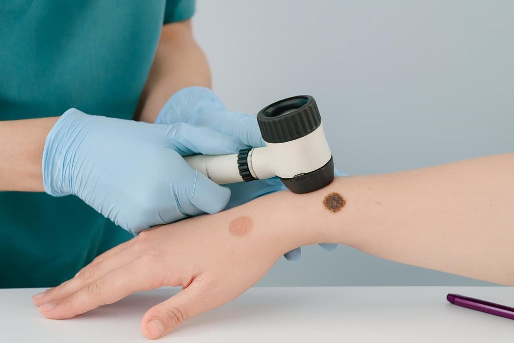 Medical professional examining a skin lesion with a dermatoscope on a patient's arm.
