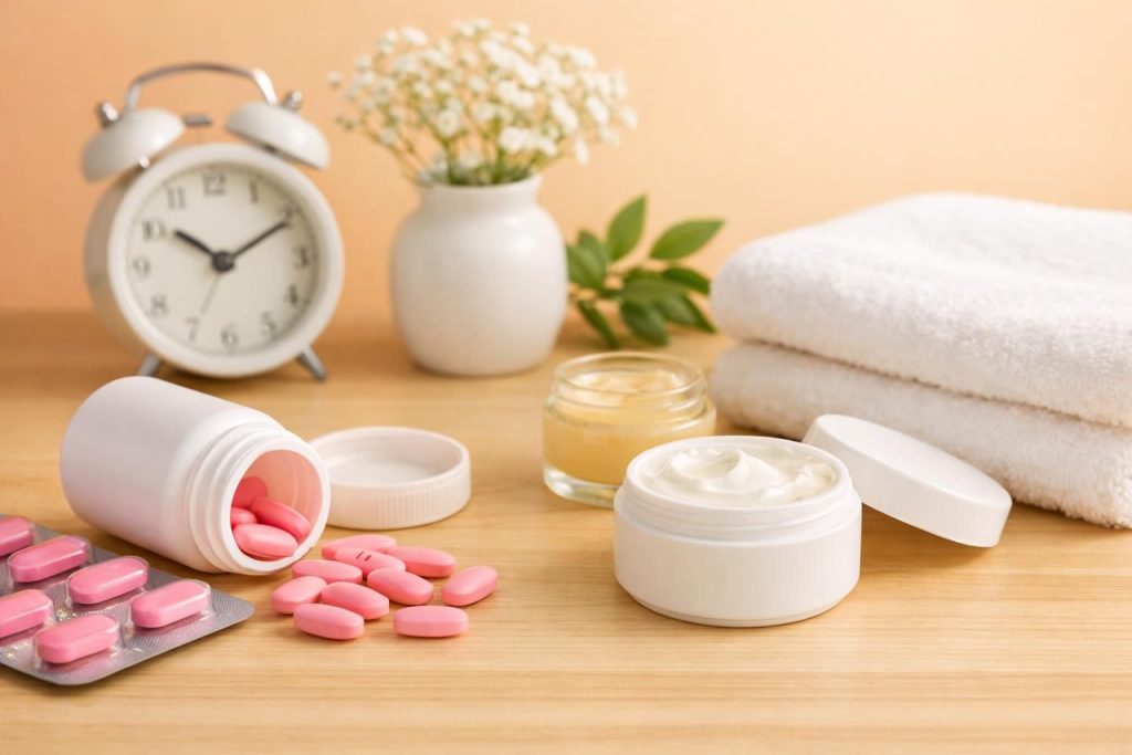 White cream jar, pink tablets, clock, towels, and flower vase on wooden surface.