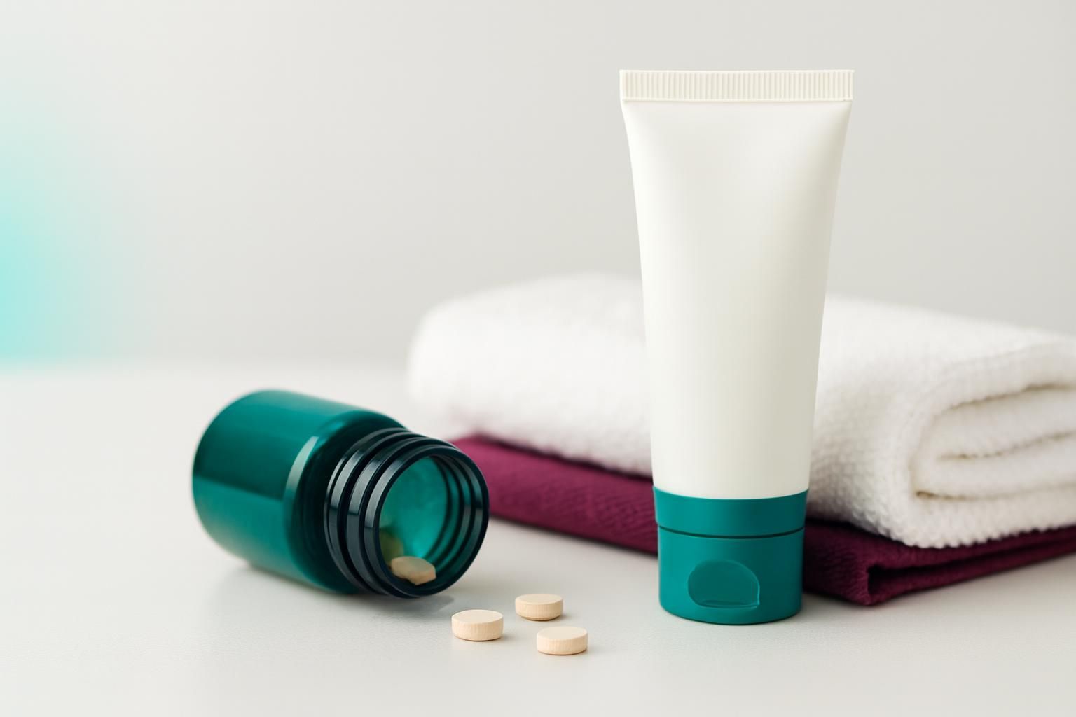 Green container tube and pills on a white surface with towels.