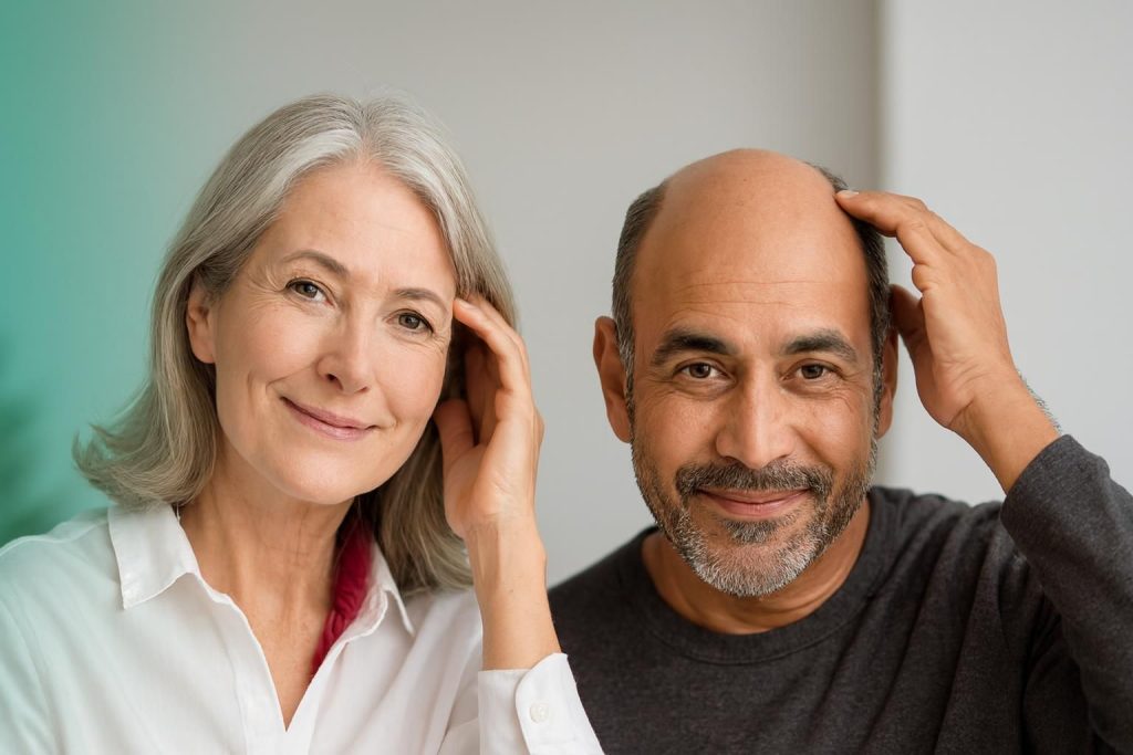 Smiling older couple touching their hair indoors, with gray and bald hairstyles.