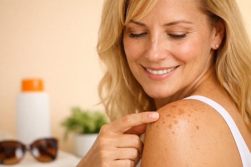 Woman pointing at sun spots on her shoulder, smiling.
