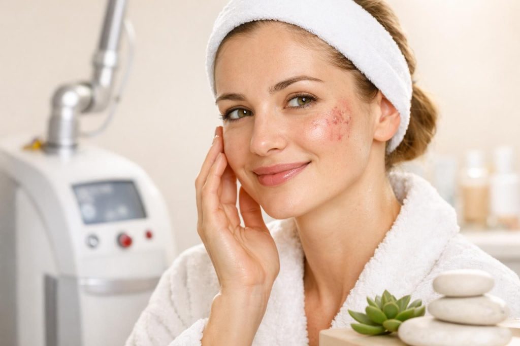 Woman in a white robe applying skincare treatment, with laser equipment in background.