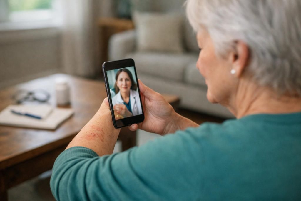 Older woman holding phone during video call with doctor
