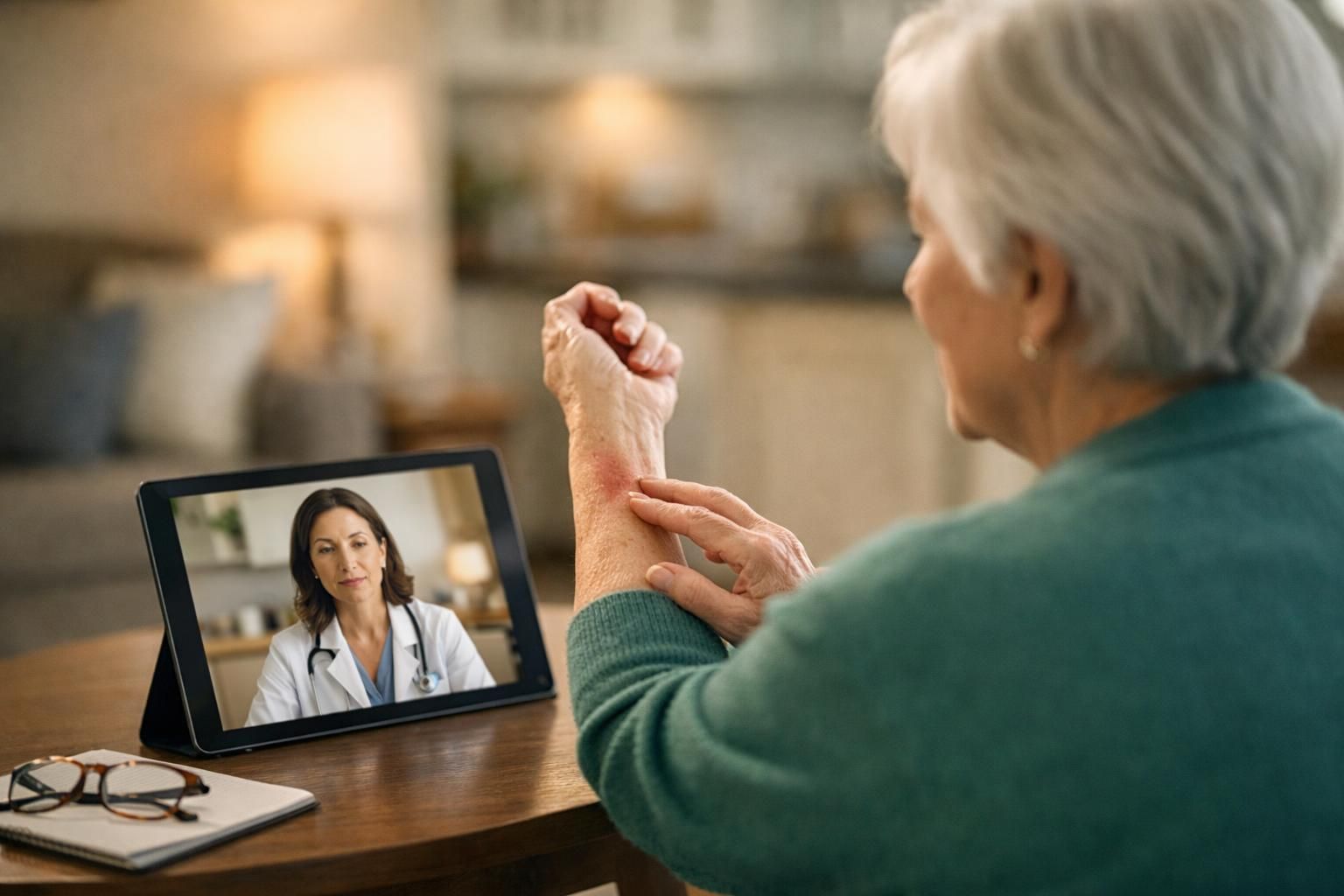Older woman shows arm rash during tablet video call with doctor