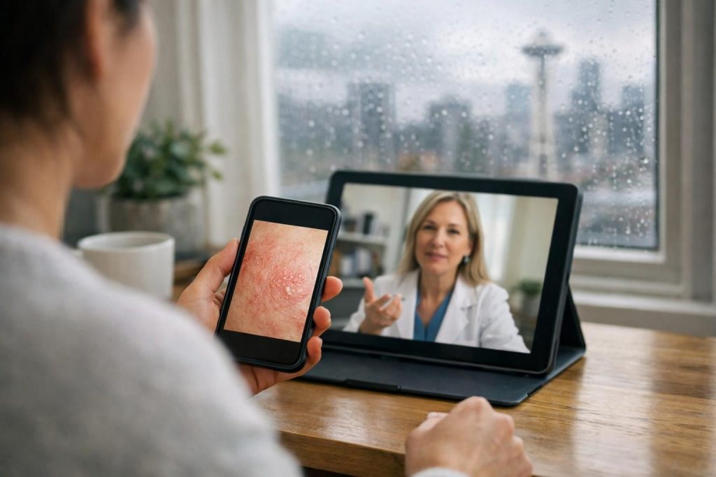 Person shows skin rash on phone during video call with doctor