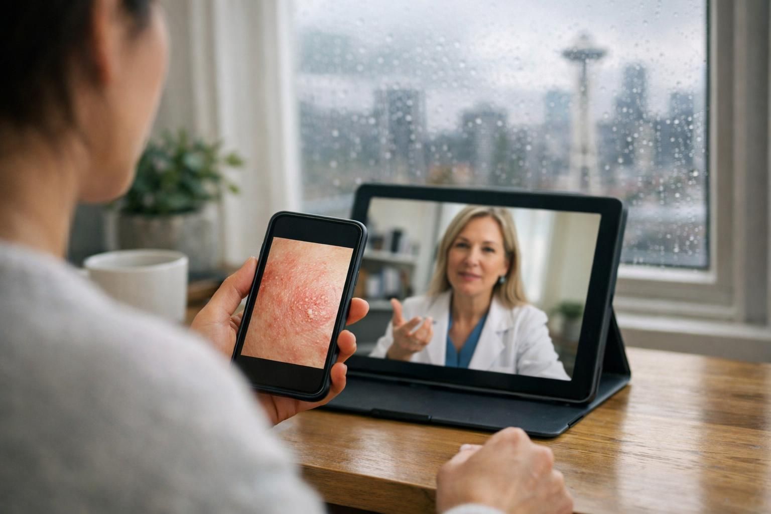 Person shows skin rash on phone during video call with doctor