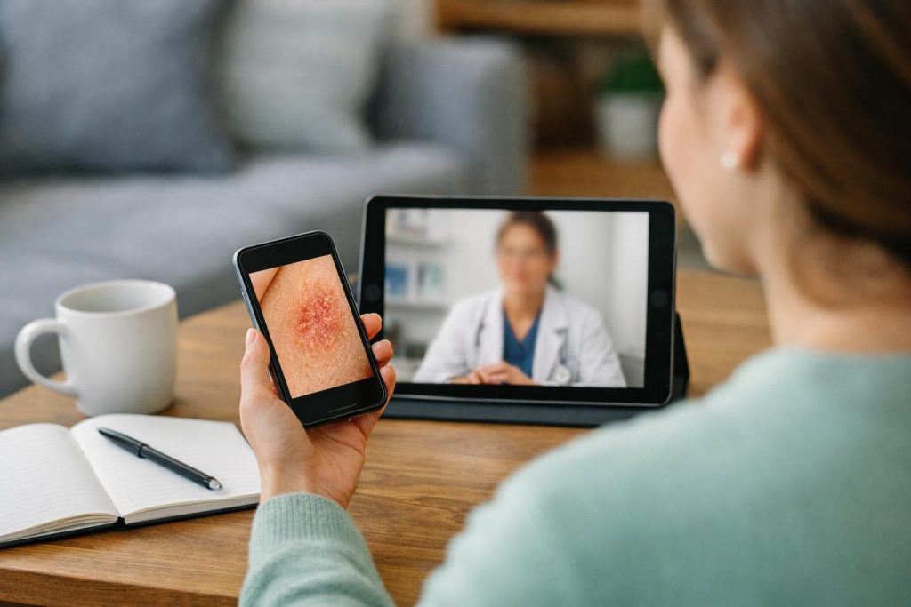 Person holding phone showing rash during video call with doctor