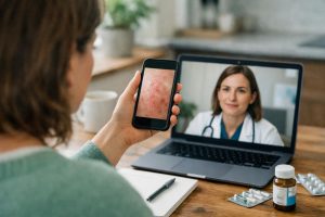 Person shows rash photo on phone during video doctor visit