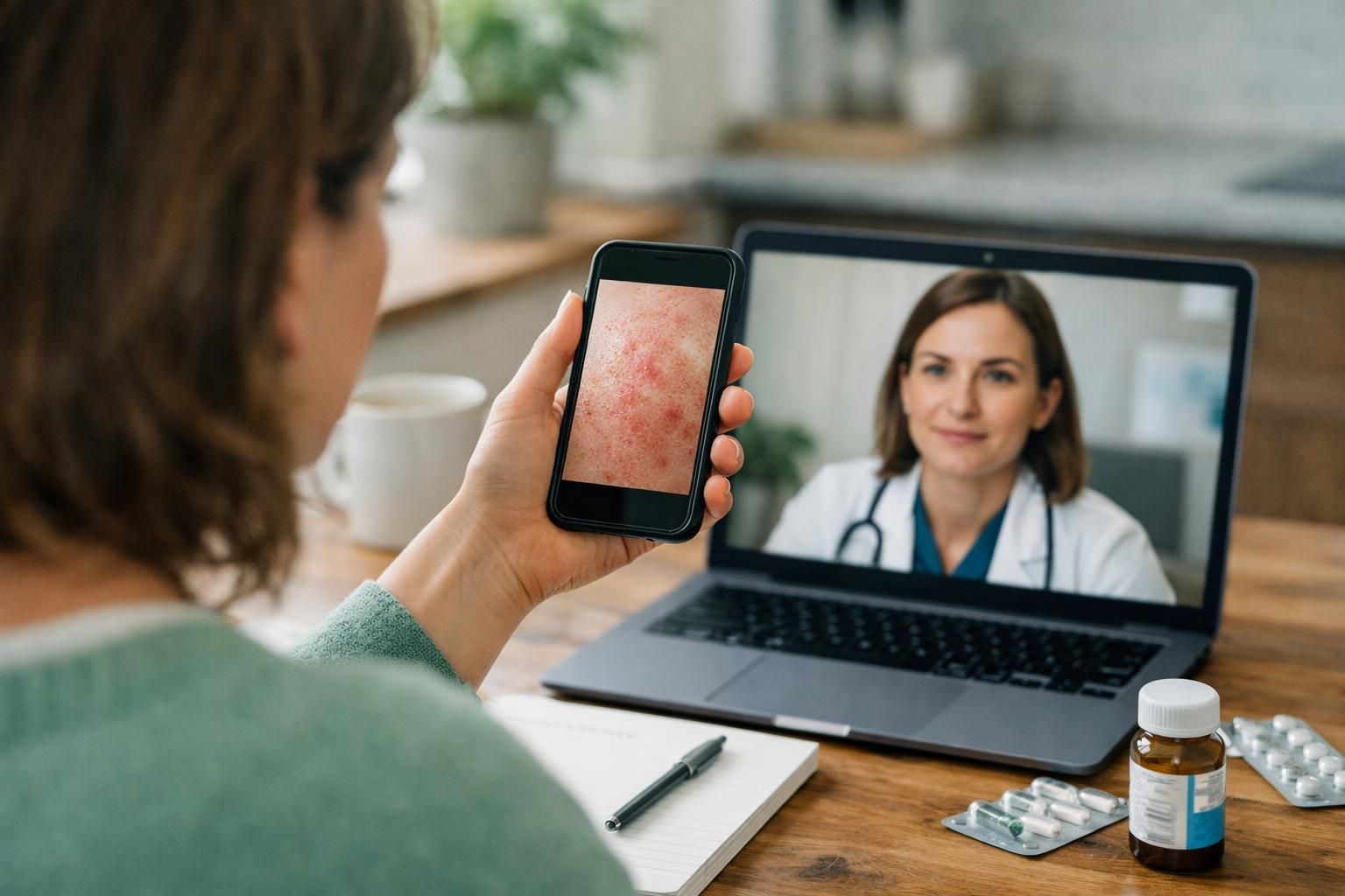 Person shows rash photo on phone during video doctor visit