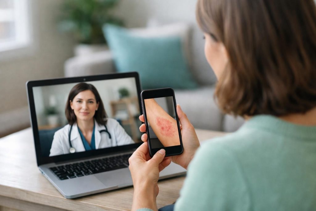 Person shows rash on phone during video call with doctor