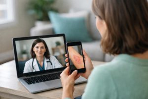 Person shows rash on phone during video call with doctor
